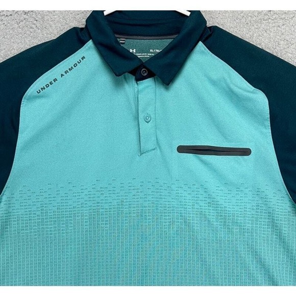 Under Armour Polo Shirt Men XL Heat Gear Teal Green Colorblock Golf Loose Rugby